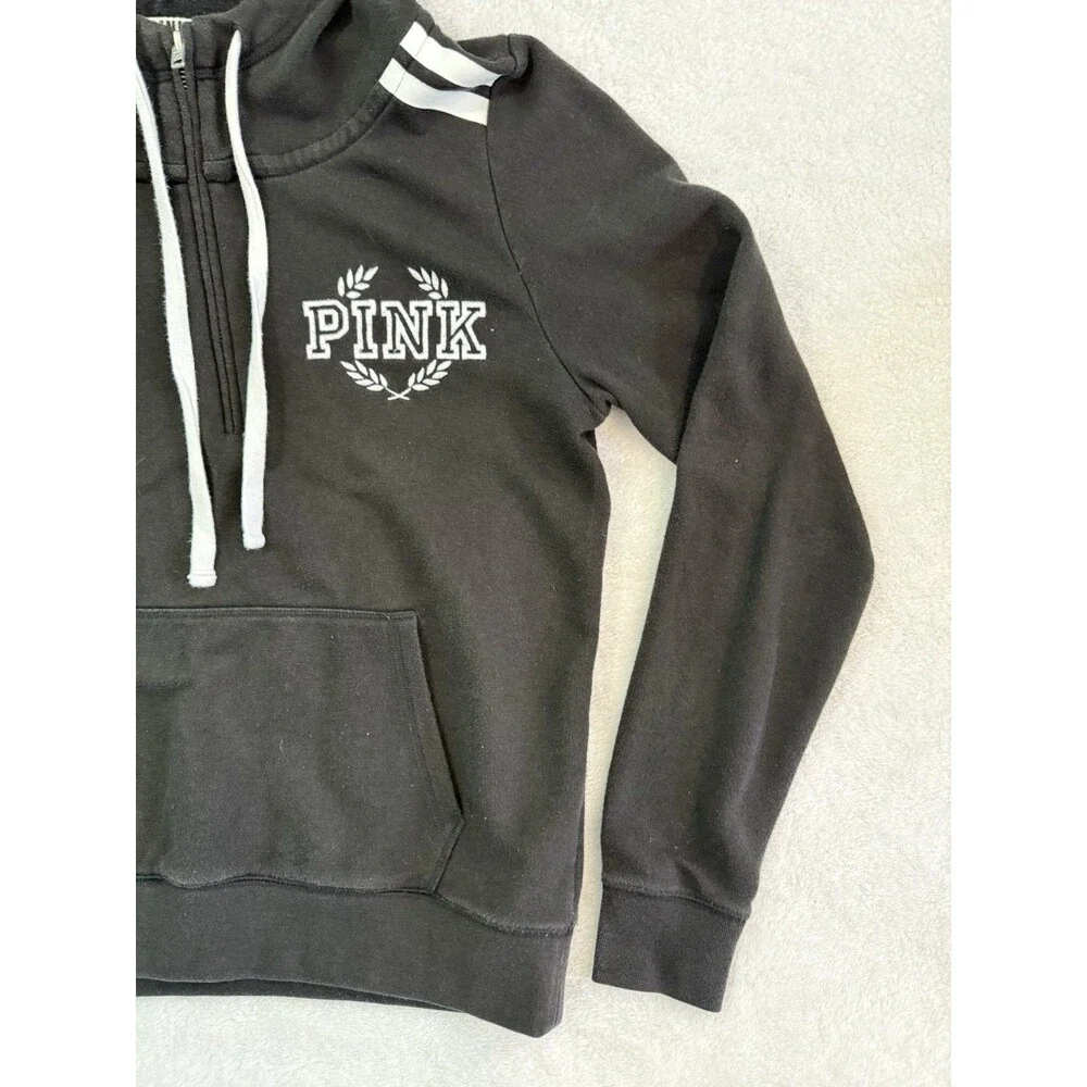 Victoria's Secret PINK Hoodie Womens M Black White Logo Sweatshirt Stripes - Picture 2 of 7